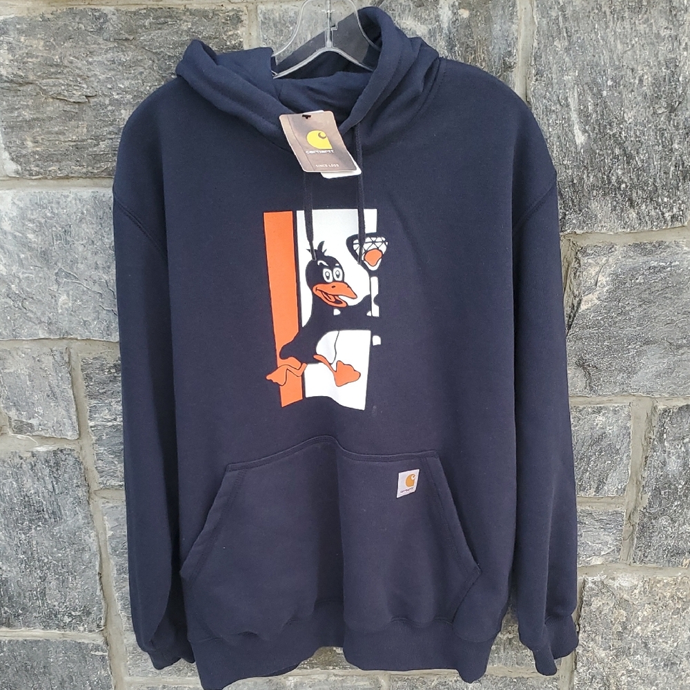 NWT Carhartt Rain Defender Cotton Blend Navy Hoodie with Cartoon Graphic Men's L